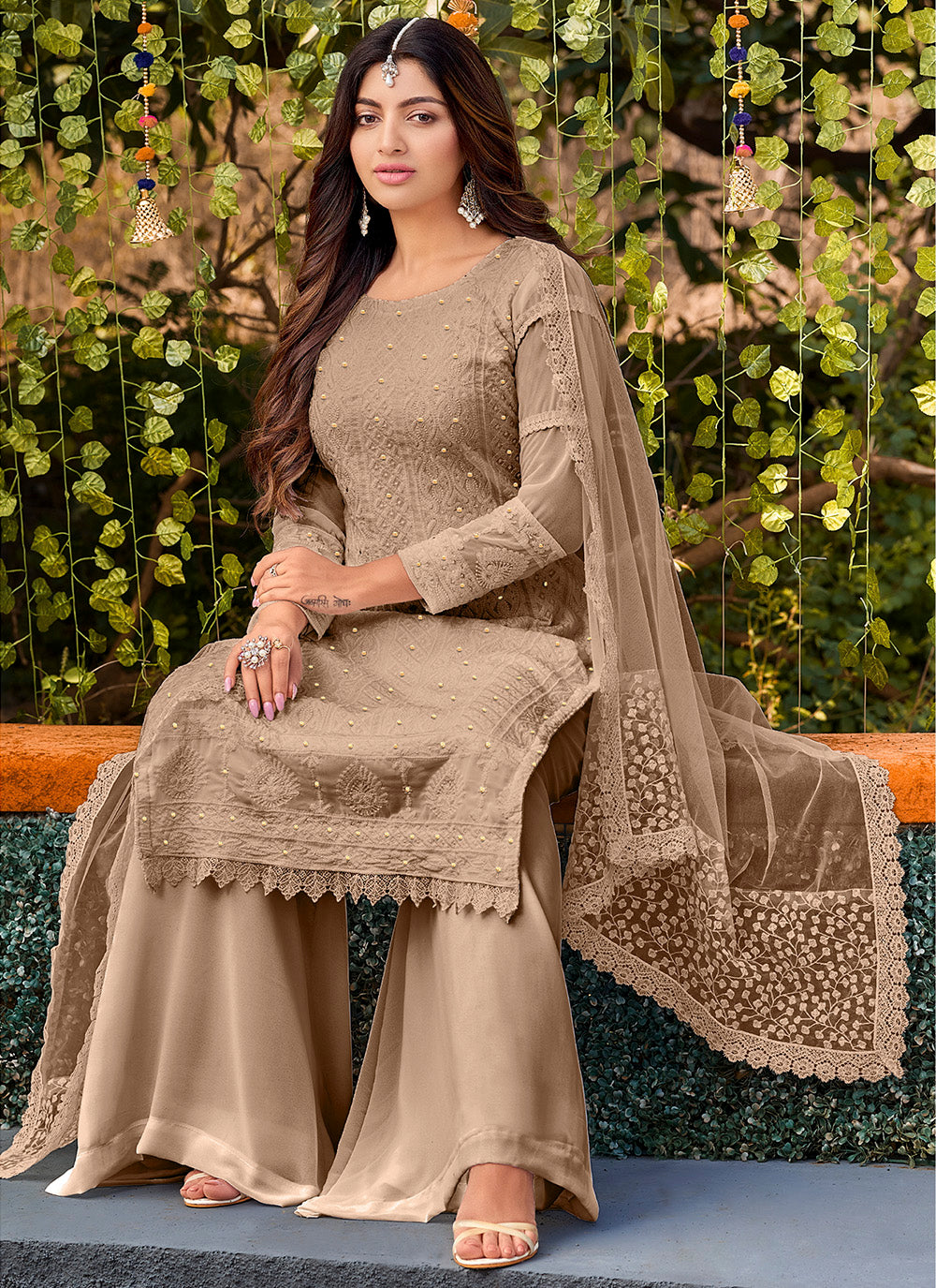 Faux-Georgette Palazzo with Thread Embroidery | Three-Quarter Sleeve | Round Neck | Traditional Wedding Party Wear