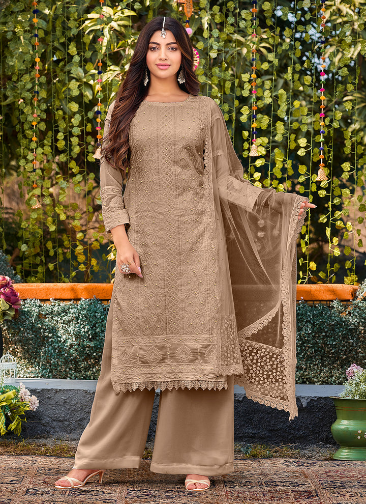 Faux-Georgette Palazzo with Thread Embroidery | Three-Quarter Sleeve | Round Neck | Traditional Wedding Party Wear