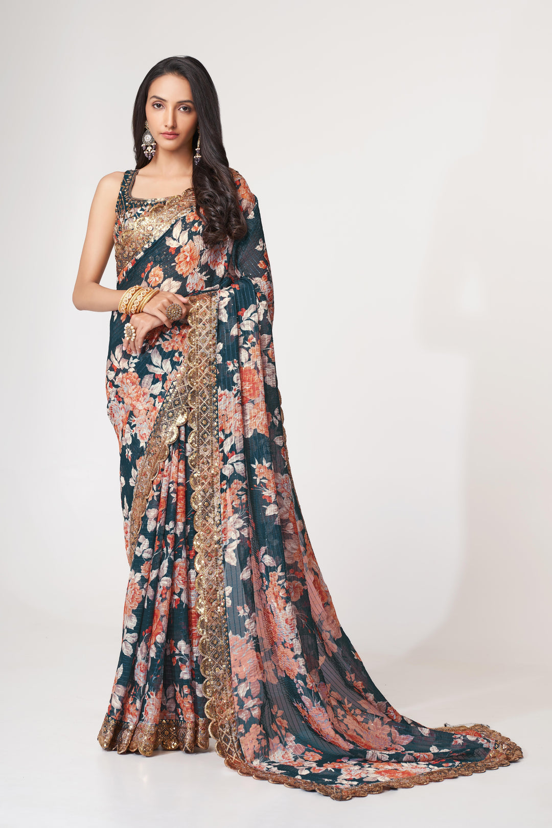 Designer Saree Organza | Digital Printed & Sequins Embroidery for Parties