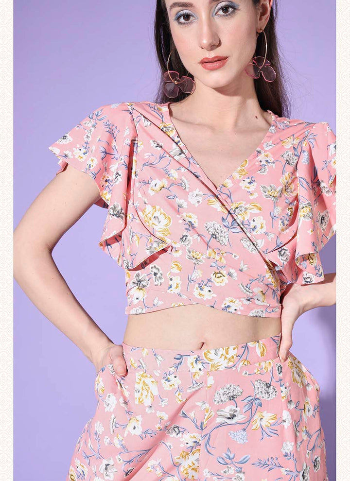 Baby Pink Platinum Crepe Co-Ord Set | Designer Printed Top & Bottom