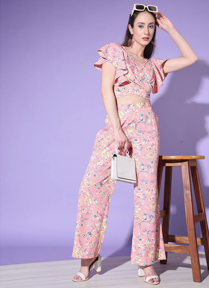 Baby Pink Platinum Crepe Co-Ord Set | Designer Printed Top & Bottom