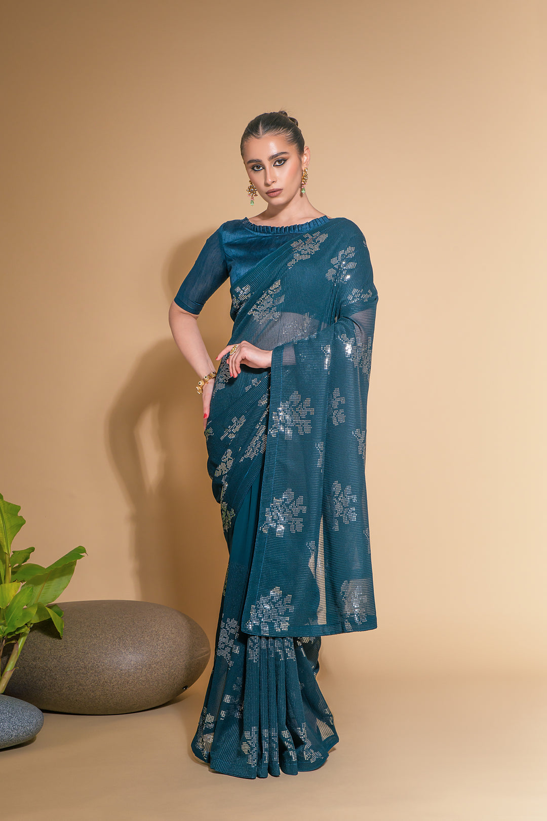 Georgette Saree With Satin Blouse Designer Sequins Embroidery | Partywear Look