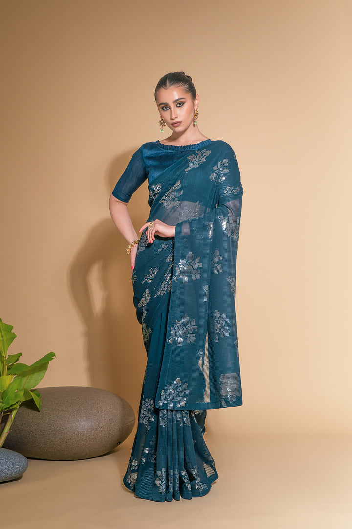 Georgette Saree With Satin Blouse Designer Sequins Embroidery | Partywear Look