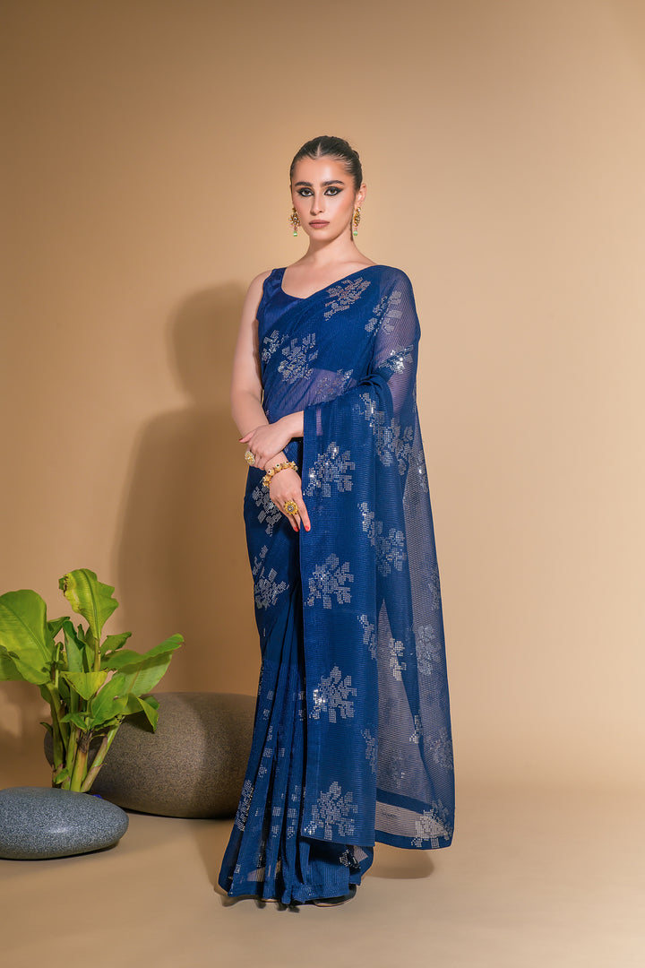 Georgette Saree With Satin Blouse Designer Sequins Embroidery | Partywear Look