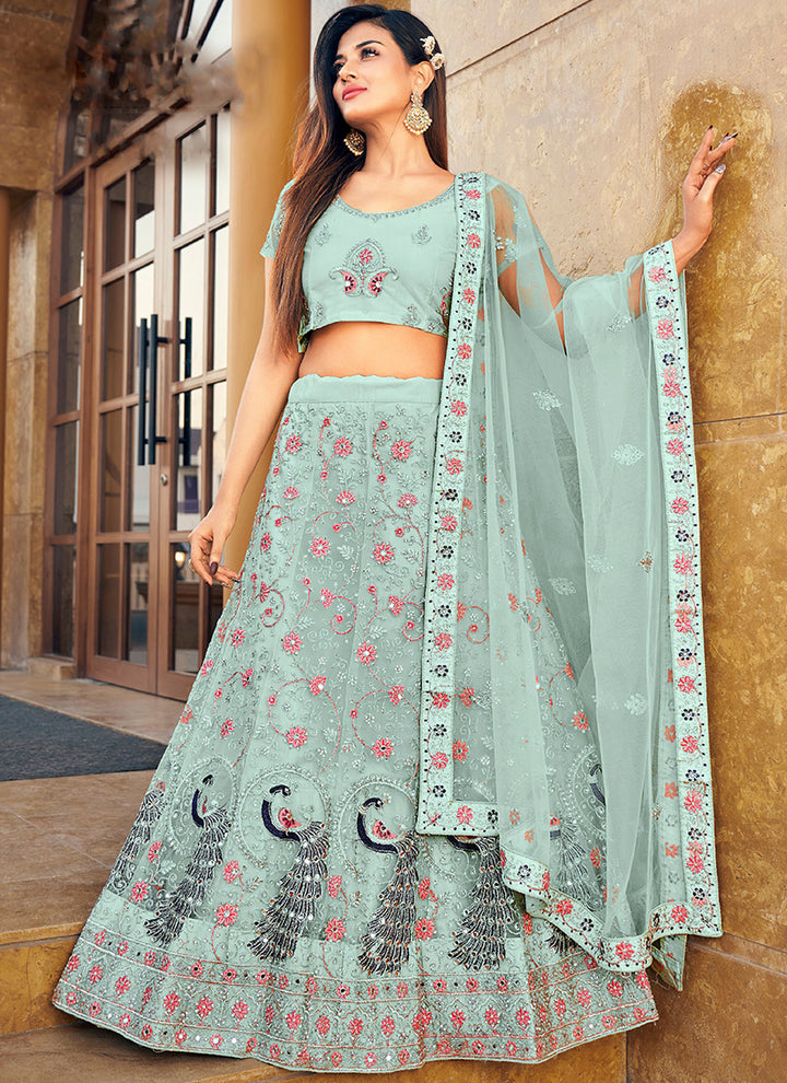 Resham & Mirror Embroidery Soft-Net Lehenga | Perfect for Weddings & Parties