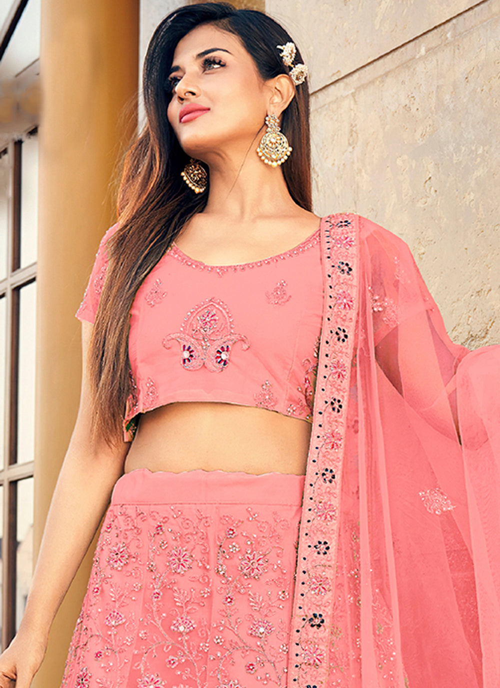 Resham & Mirror Embroidery Soft-Net Lehenga | Perfect for Weddings & Parties