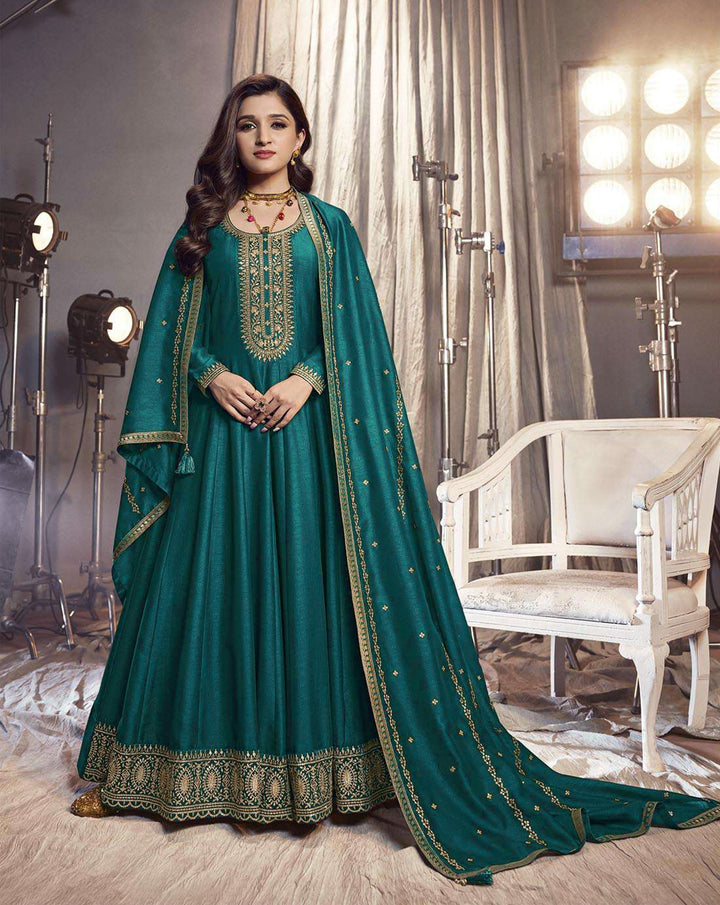 Designer Embroidery Anarkali | Art-Silk Top & Santoon Bottom | Full Sleeve | Traditional Wedding Party Wear