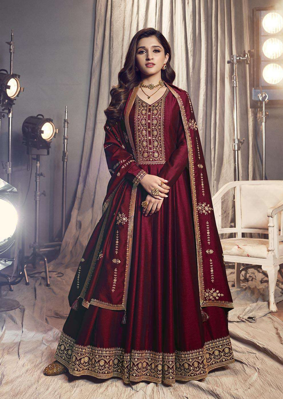 Designer Embroidered Art-Silk Anarkali | Traditional Wedding Party Wear | Full Sleeve Round Neck