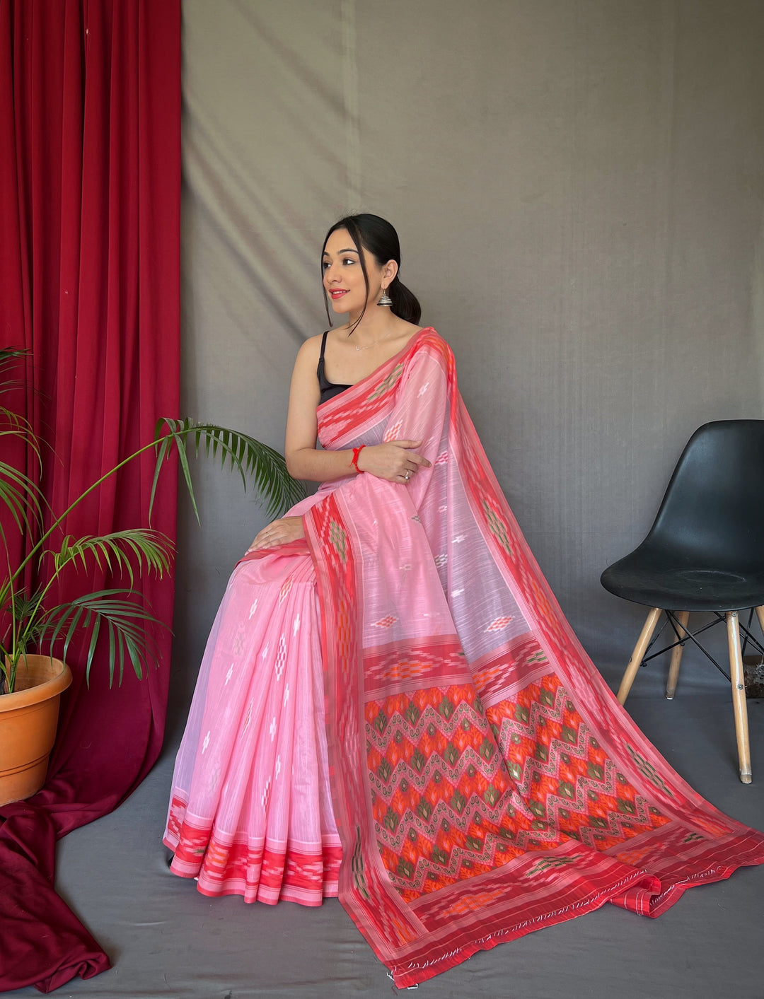 Linen Saree with Weaving-Chap-Border & Ikkat-Work | Special Occasion Wear