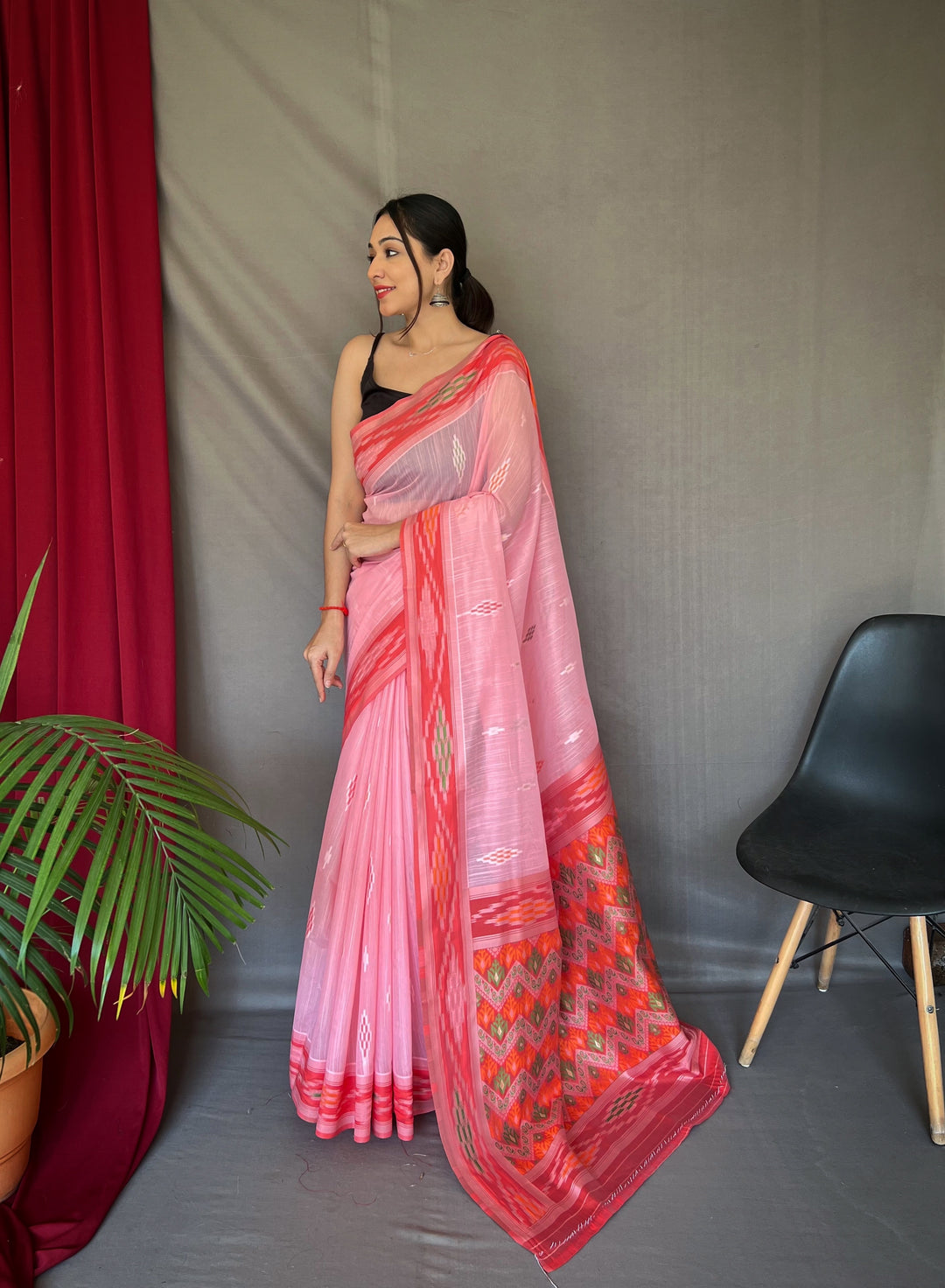 Linen Saree with Weaving-Chap-Border & Ikkat-Work | Special Occasion Wear