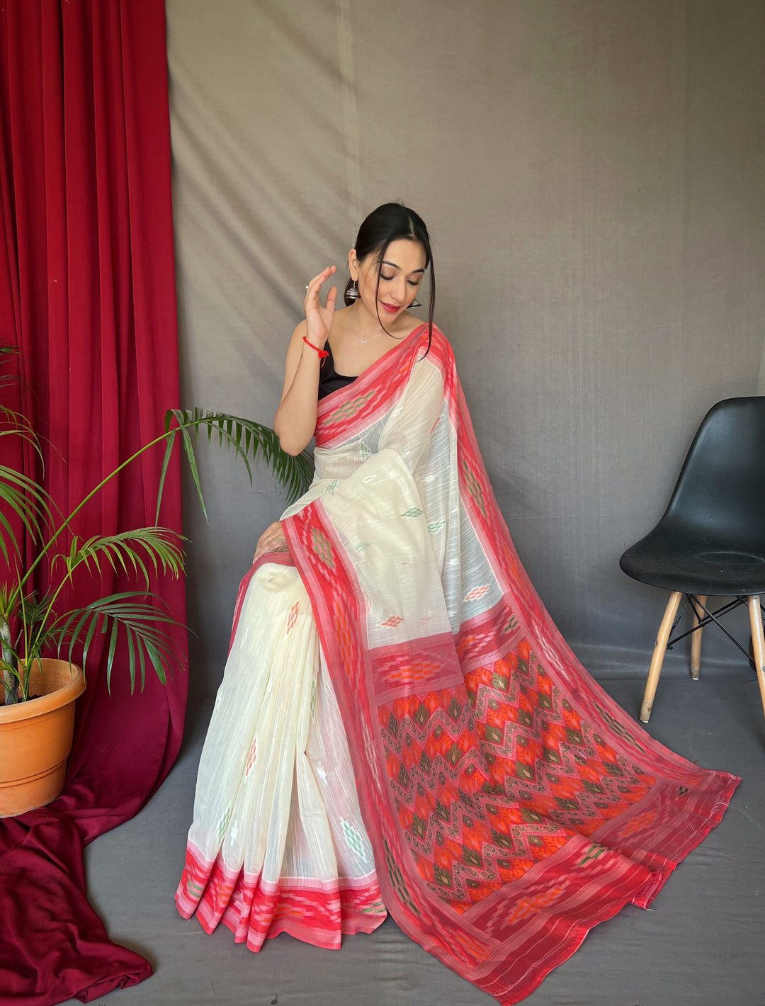 Linen Saree with Weaving-Chap-Border & Ikkat-Work | Special Occasion Wear