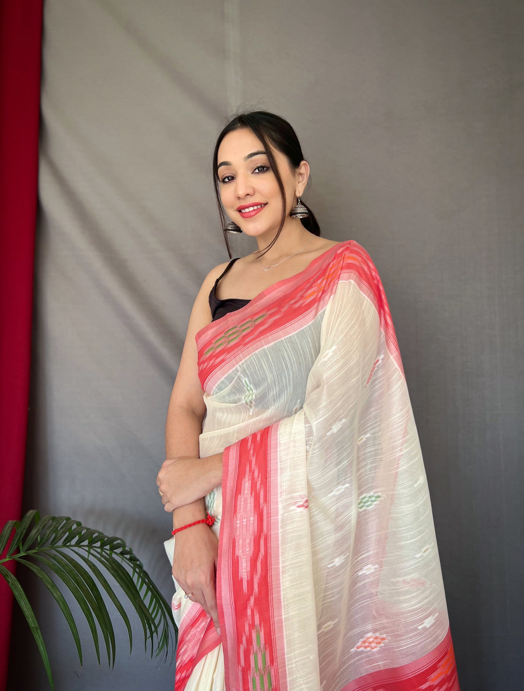 Linen Saree with Weaving-Chap-Border & Ikkat-Work | Special Occasion Wear