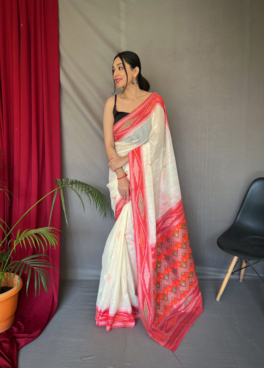 Linen Saree with Weaving-Chap-Border & Ikkat-Work | Special Occasion Wear