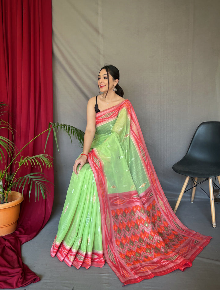 Linen Saree with Weaving-Chap-Border & Ikkat-Work | Special Occasion Wear