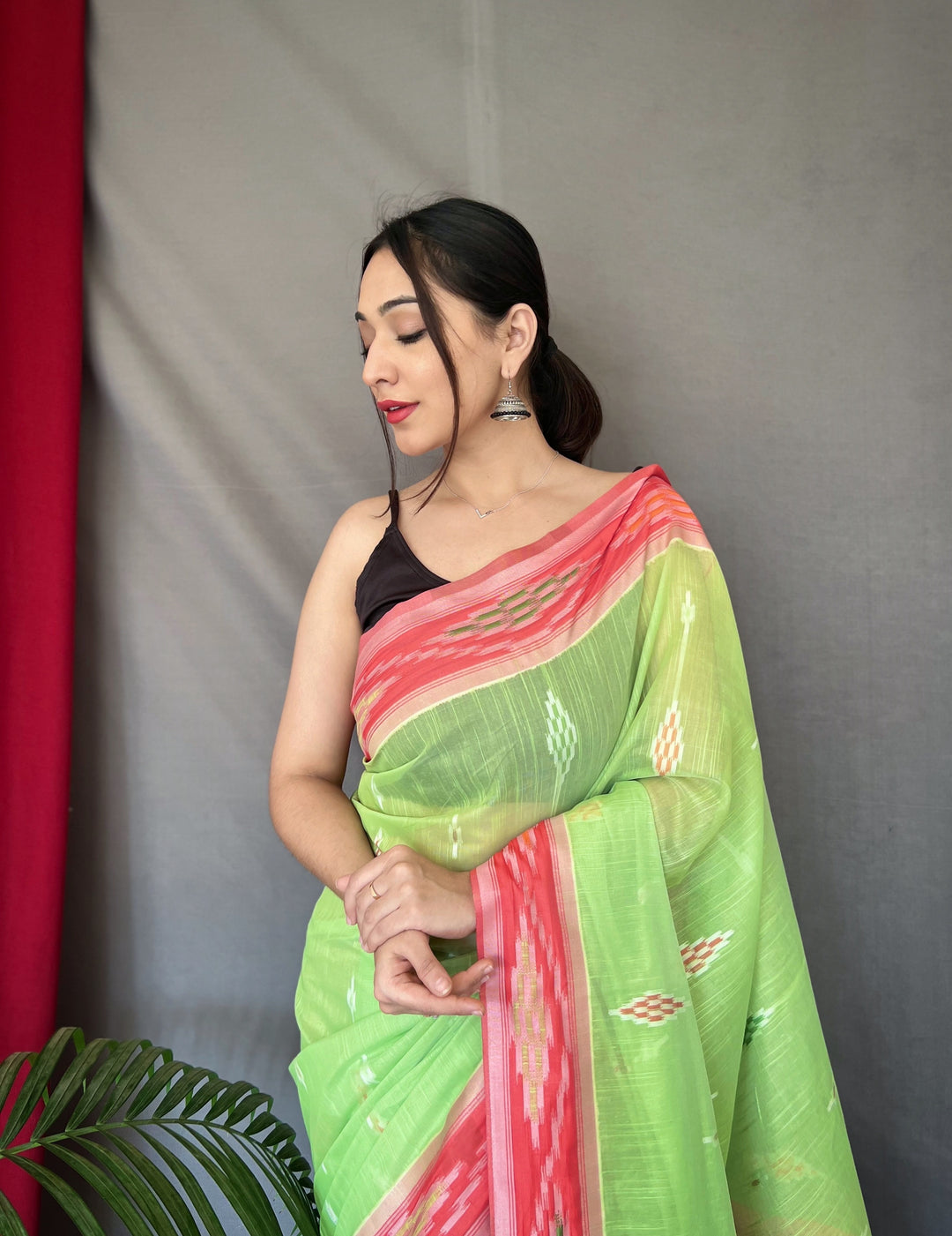 Linen Saree with Weaving-Chap-Border & Ikkat-Work | Special Occasion Wear