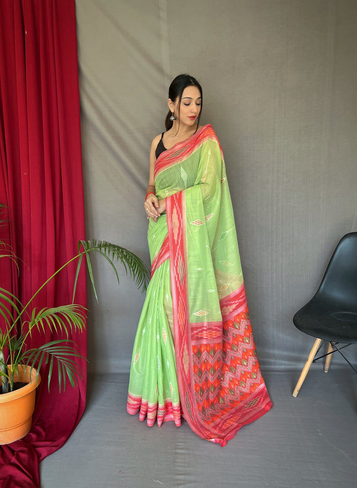 Linen Saree with Weaving-Chap-Border & Ikkat-Work | Special Occasion Wear