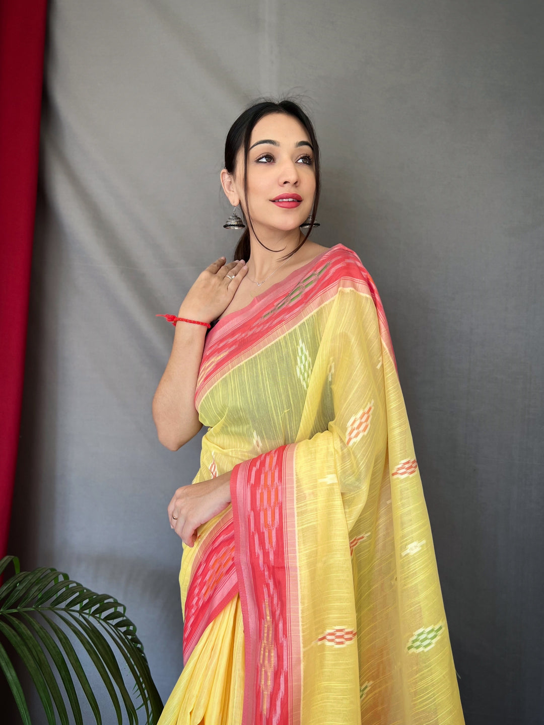 Linen Saree with Weaving-Chap-Border & Ikkat-Work | Special Occasion Wear