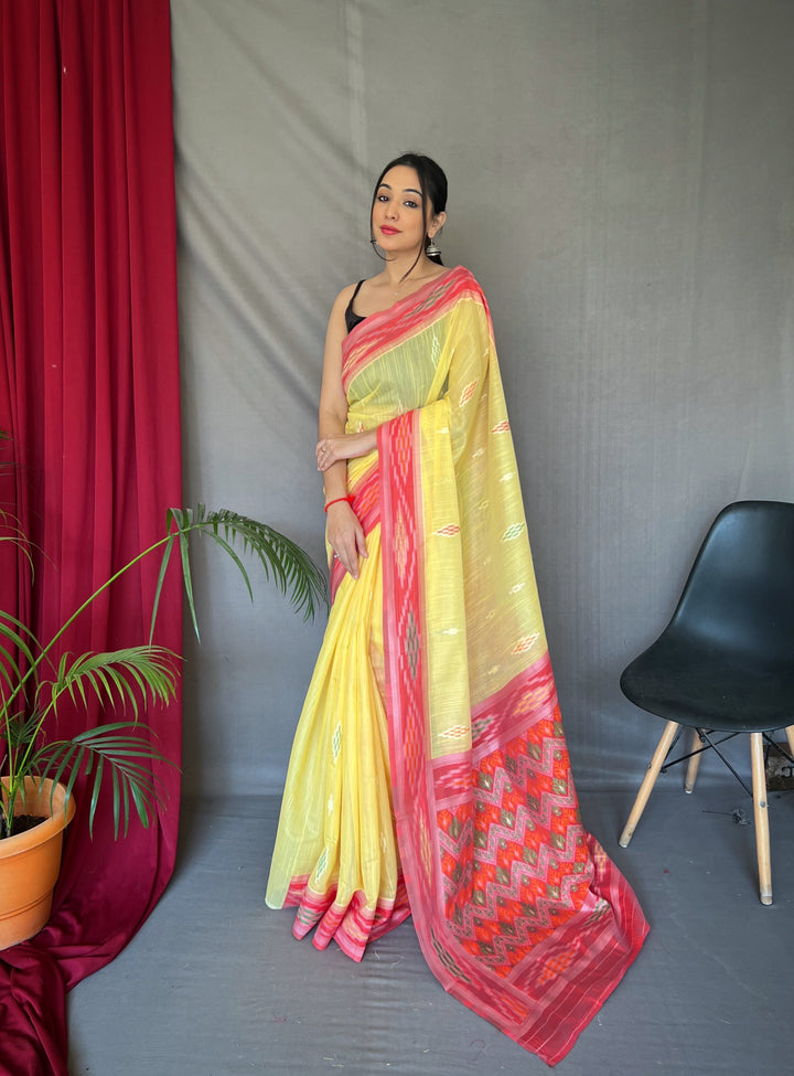 Linen Saree with Weaving-Chap-Border & Ikkat-Work | Special Occasion Wear