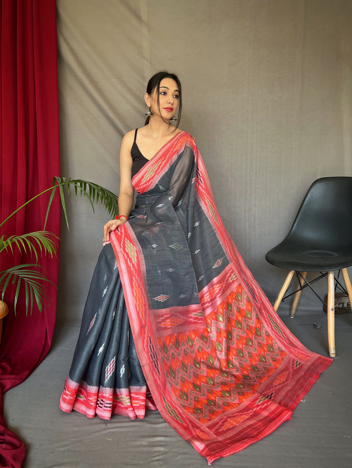 Linen Saree with Weaving-Chap-Border & Ikkat-Work | Special Occasion Wear