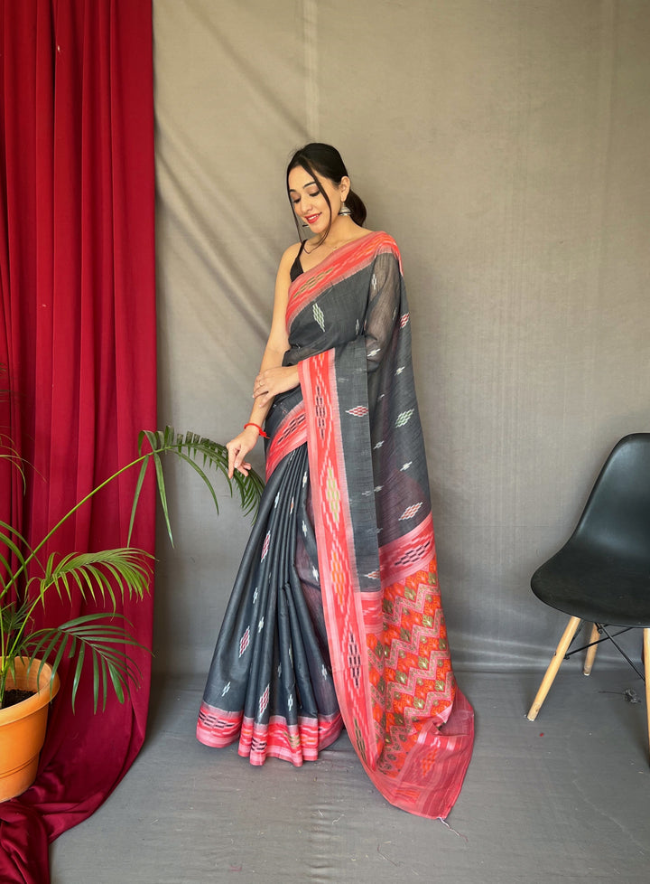 Linen Saree with Weaving-Chap-Border & Ikkat-Work | Special Occasion Wear