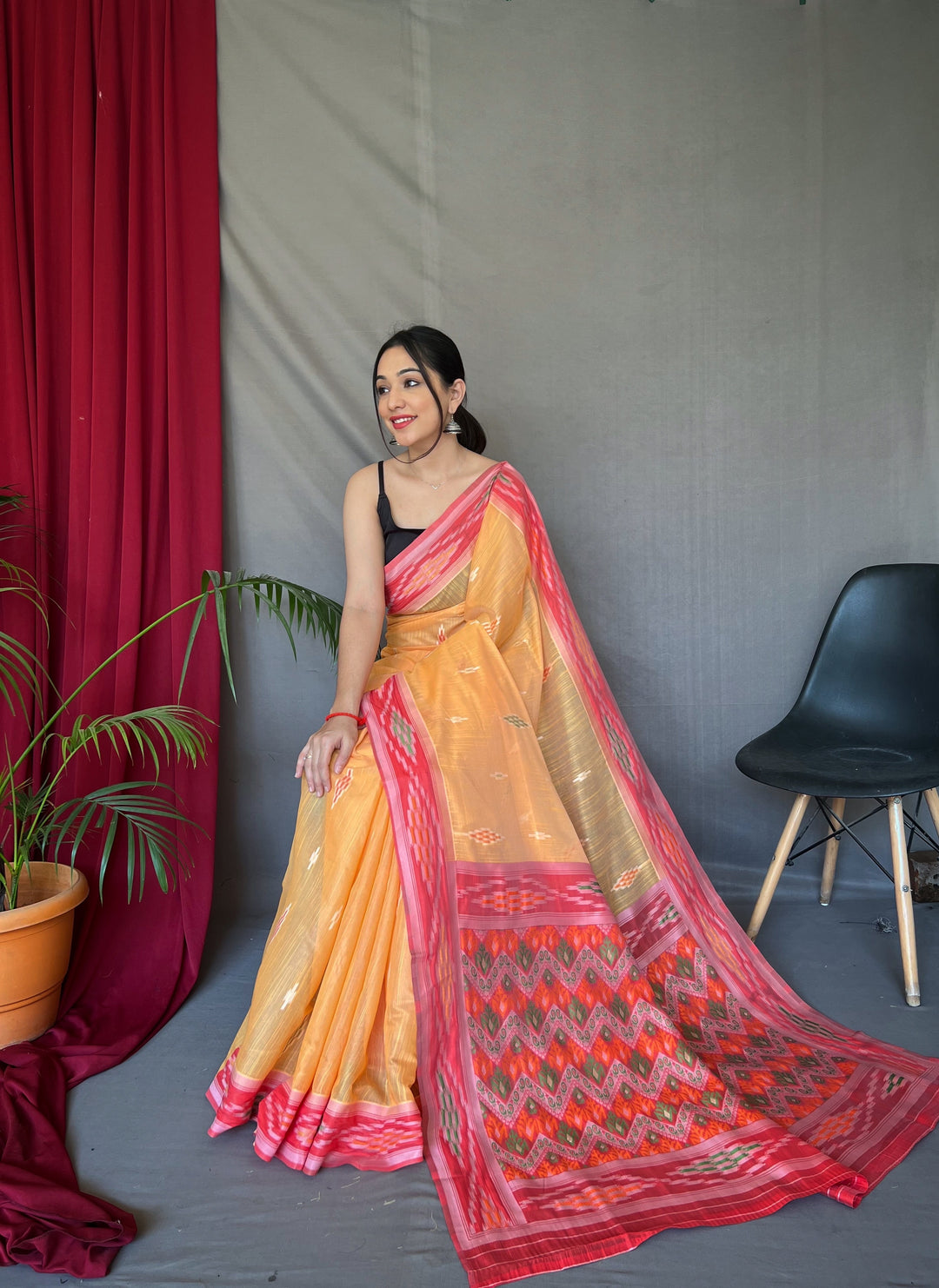 Linen Saree with Weaving-Chap-Border & Ikkat-Work | Special Occasion Wear