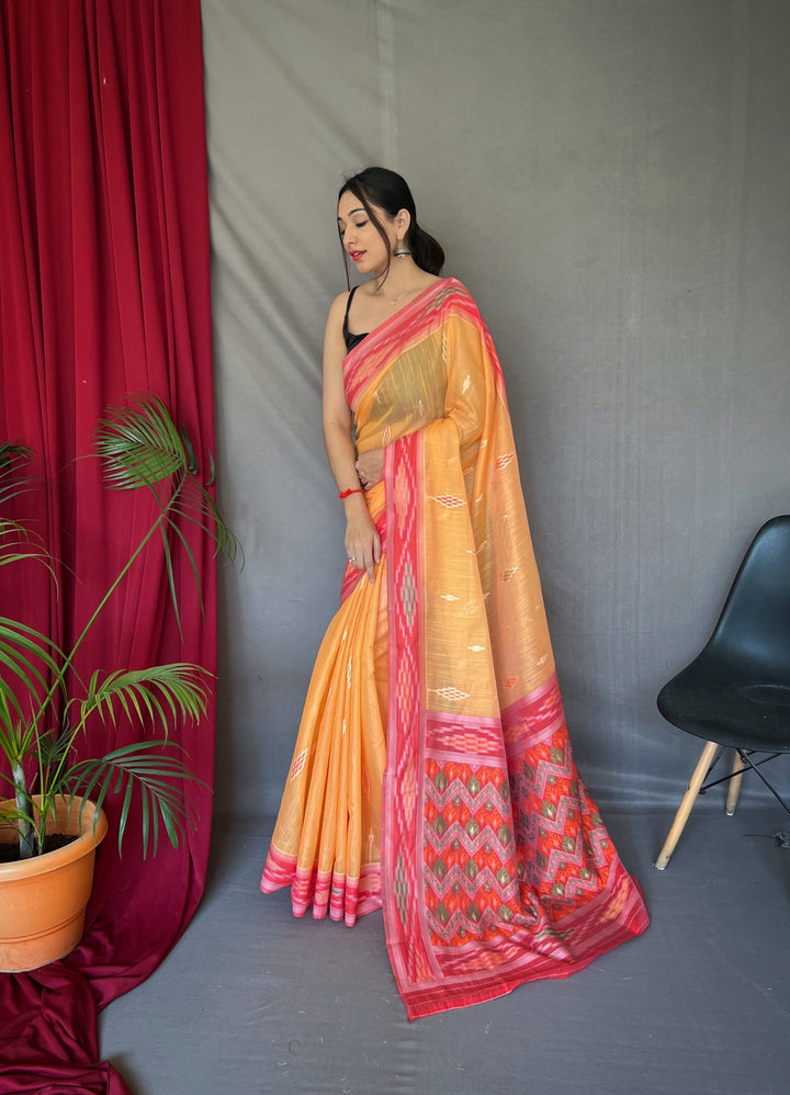 Linen Saree with Weaving-Chap-Border & Ikkat-Work | Special Occasion Wear