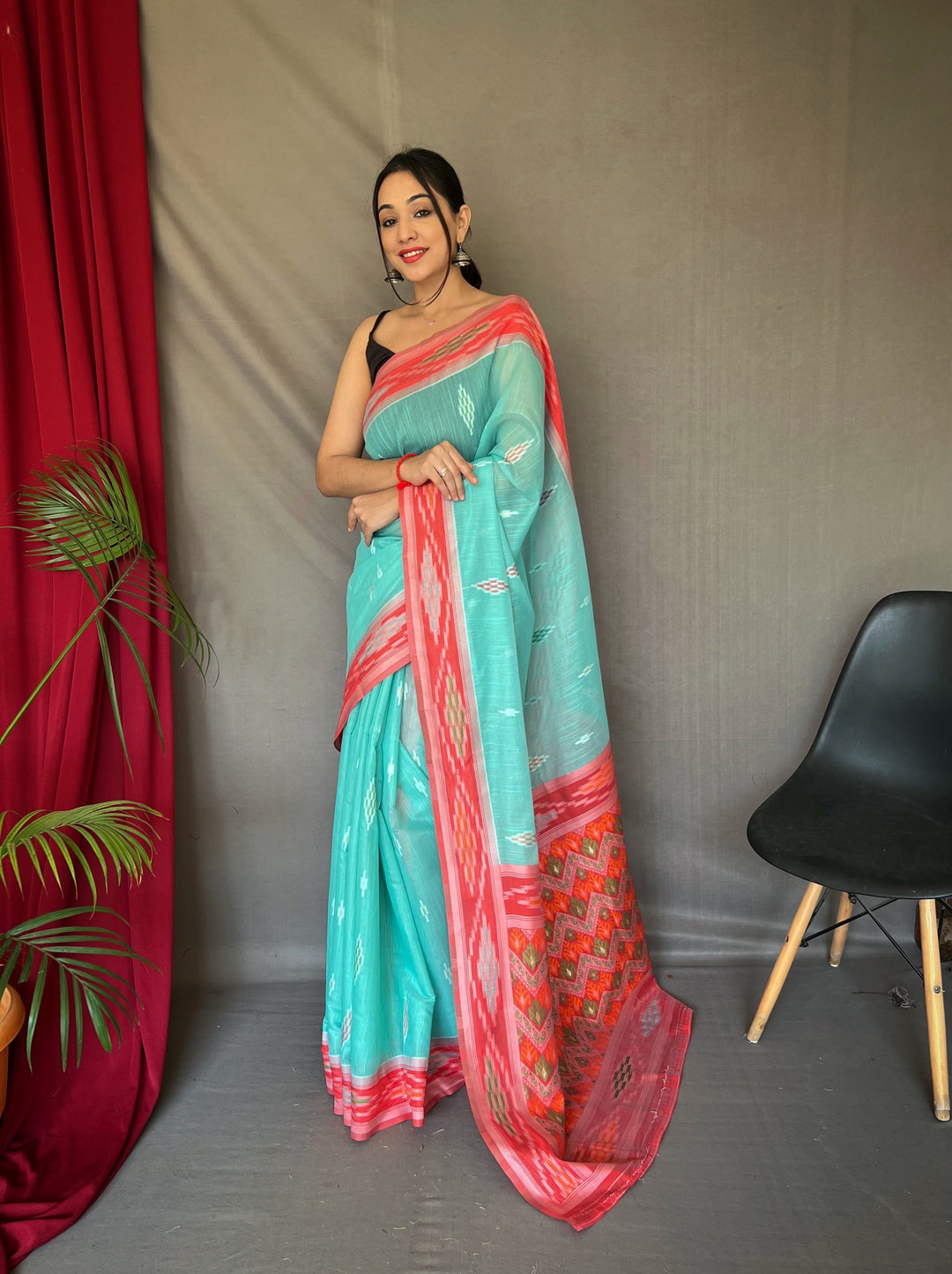 Linen Saree with Weaving-Chap-Border & Ikkat-Work | Special Occasion Wear