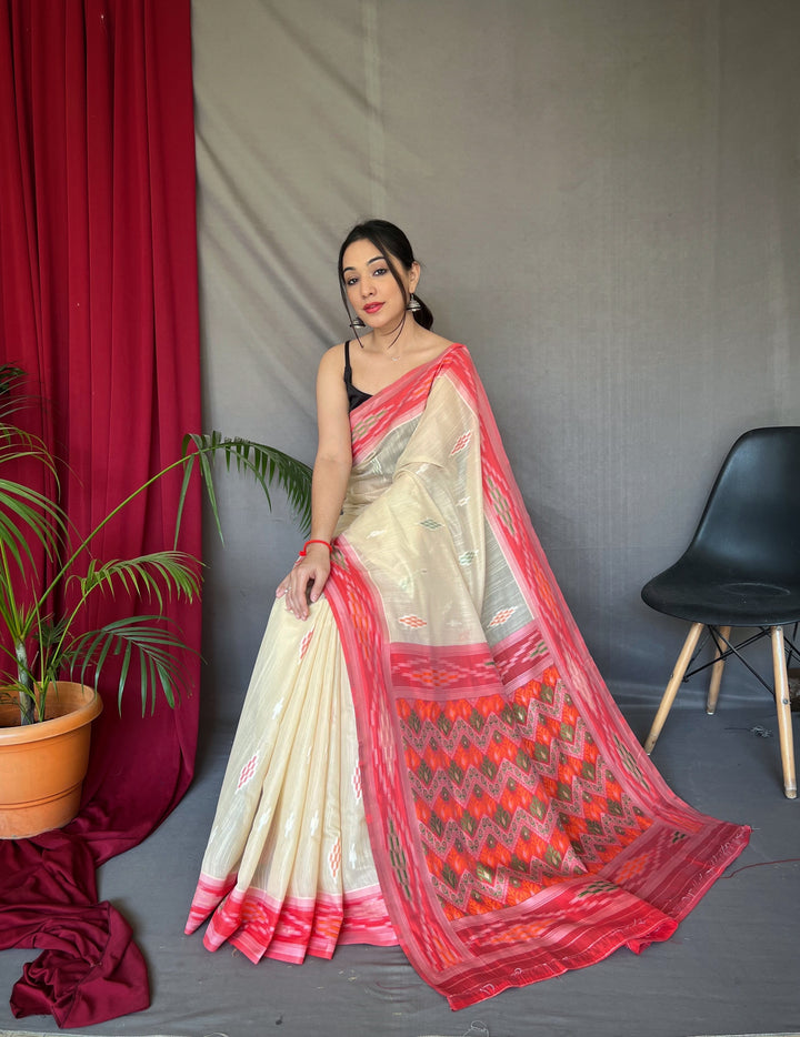 Linen Saree with Weaving-Chap-Border & Ikkat-Work | Special Occasion Wear