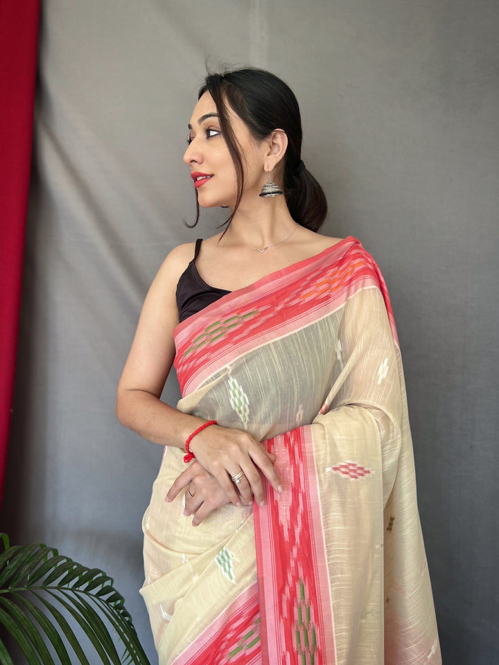 Linen Saree with Weaving-Chap-Border & Ikkat-Work | Special Occasion Wear