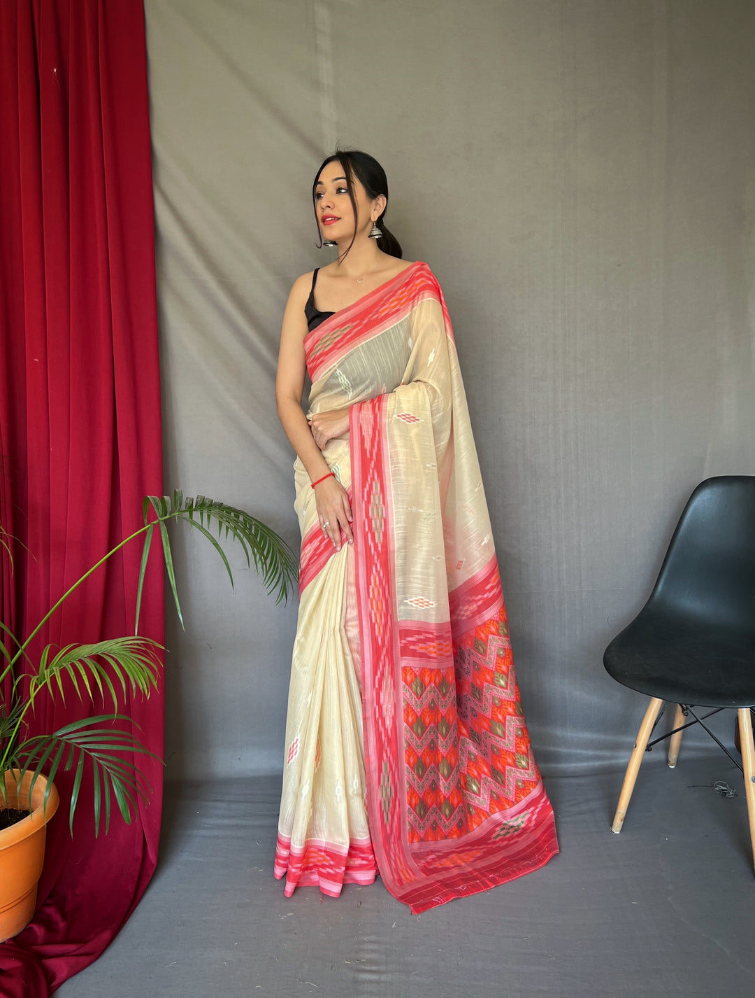 Linen Saree with Weaving-Chap-Border & Ikkat-Work | Special Occasion Wear