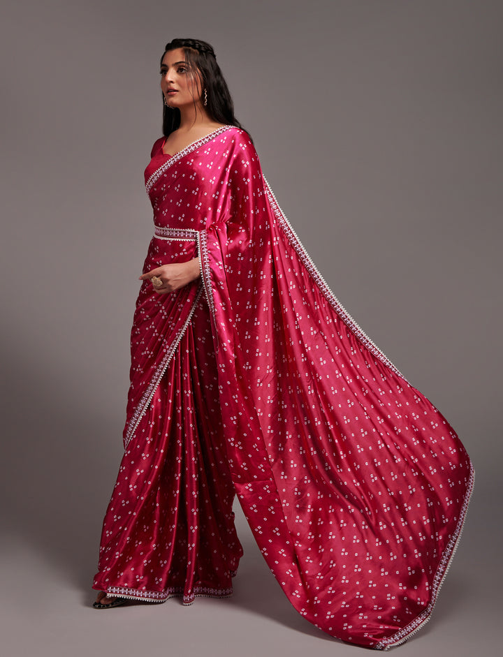 Designer Printed Japan-Satin Saree | Dupion Blouse with Lace Work