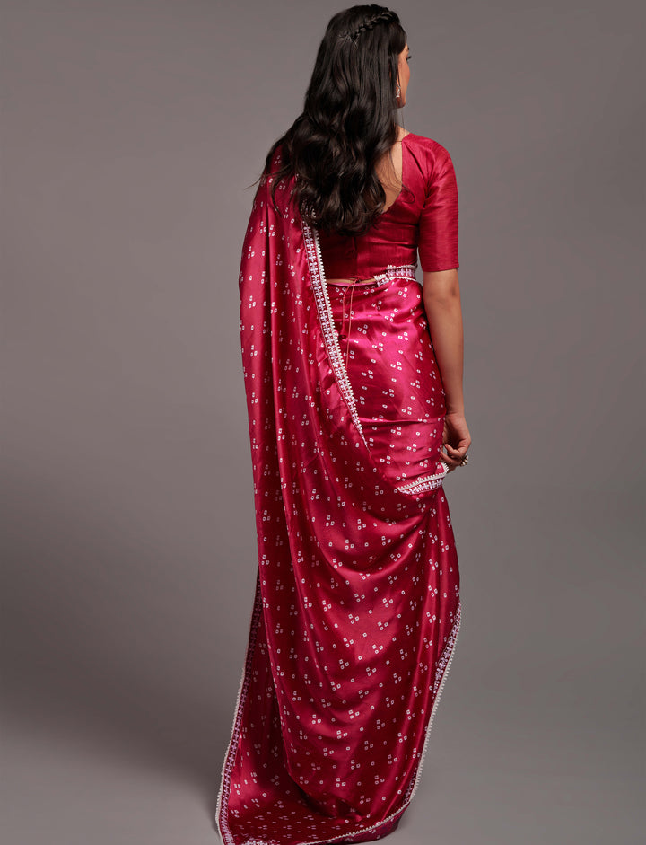 Designer Printed Japan-Satin Saree | Dupion Blouse with Lace Work