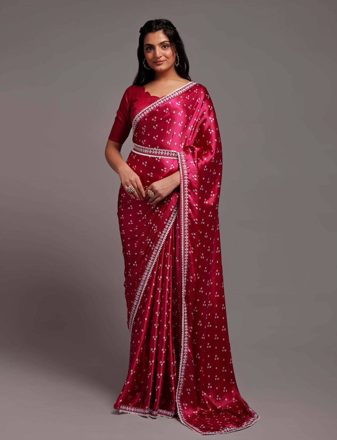 Designer Printed Japan-Satin Saree | Dupion Blouse with Lace Work