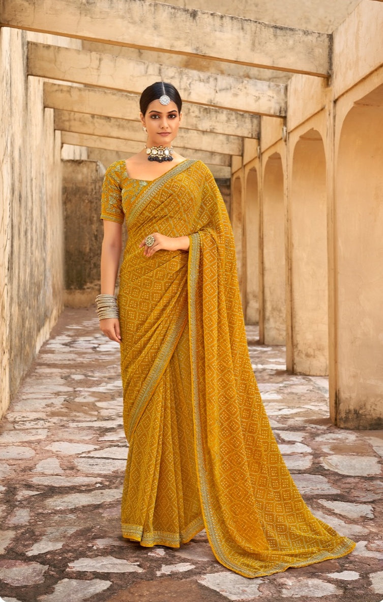 Bandhani-Printed Georgette Saree with Embroidered Dupion Blouse | Festive Elegance