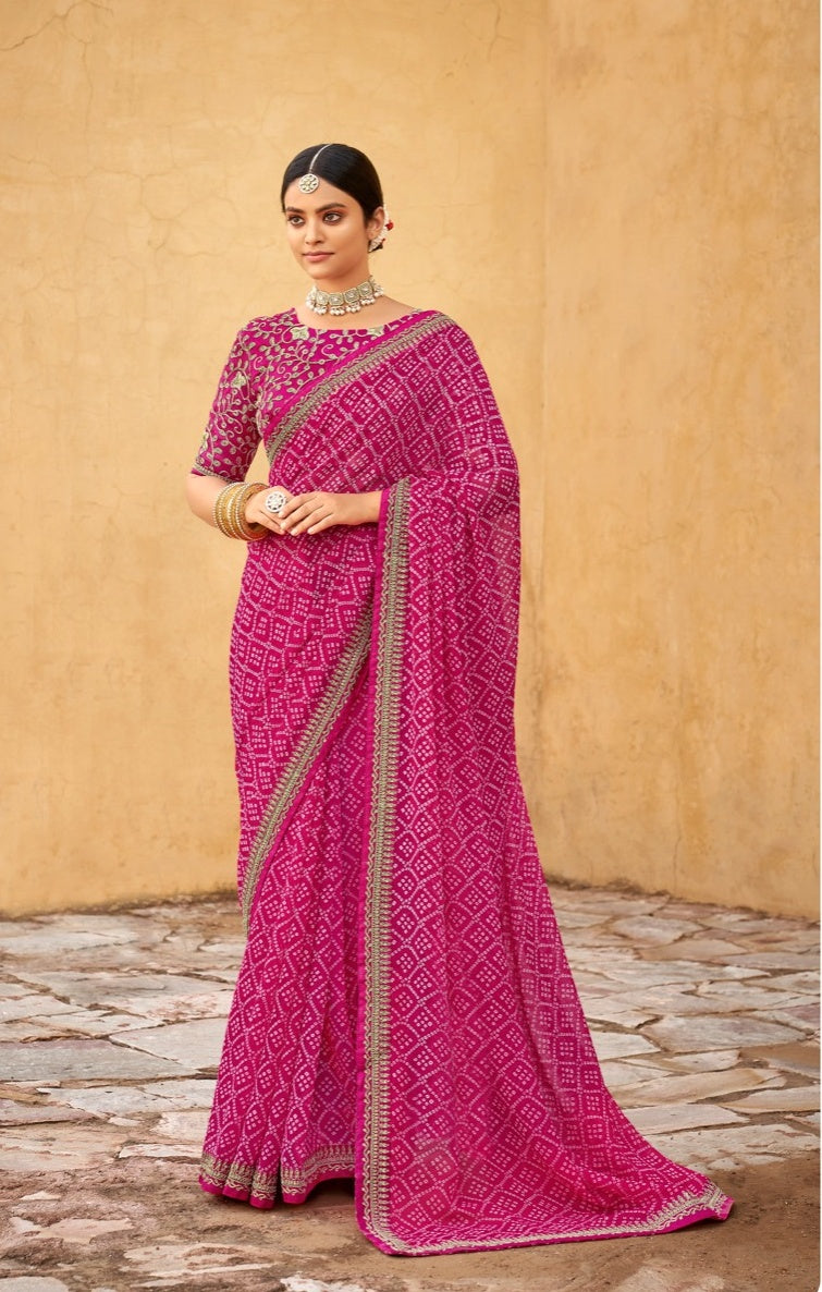 Bandhani-Printed Georgette Saree with Embroidered Dupion Blouse | Festive Elegance