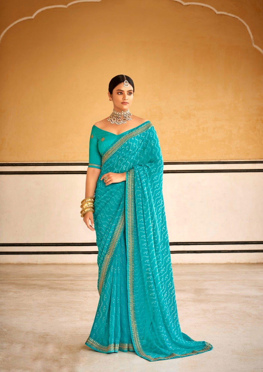 Bandhani-Printed Georgette Saree with Embroidered Dupion Blouse | Festive Elegance