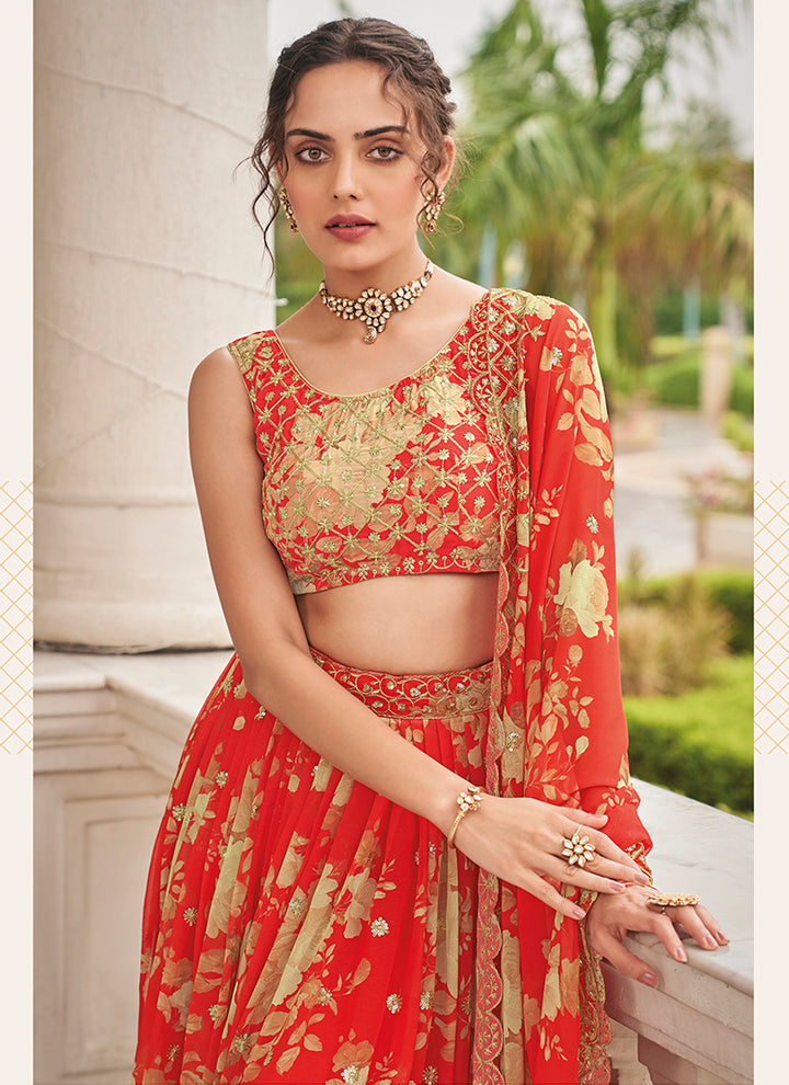 Faux-Georgette Digital Printed Lehenga | Elegant Resham & Sequin Embroidery