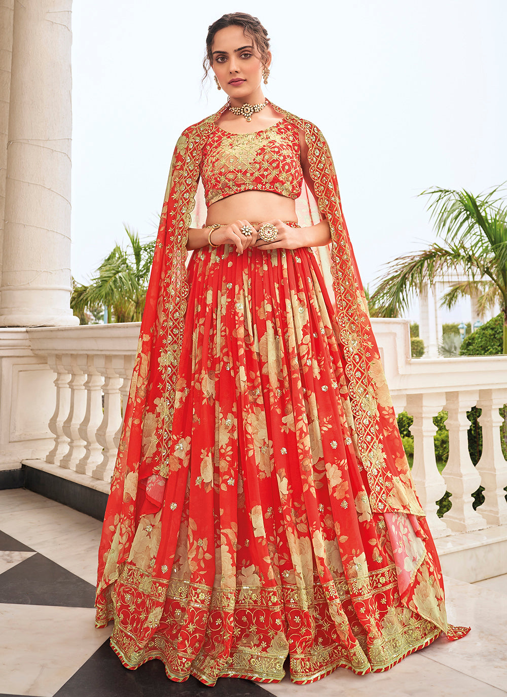 Faux-Georgette Digital Printed Lehenga | Elegant Resham & Sequin Embroidery