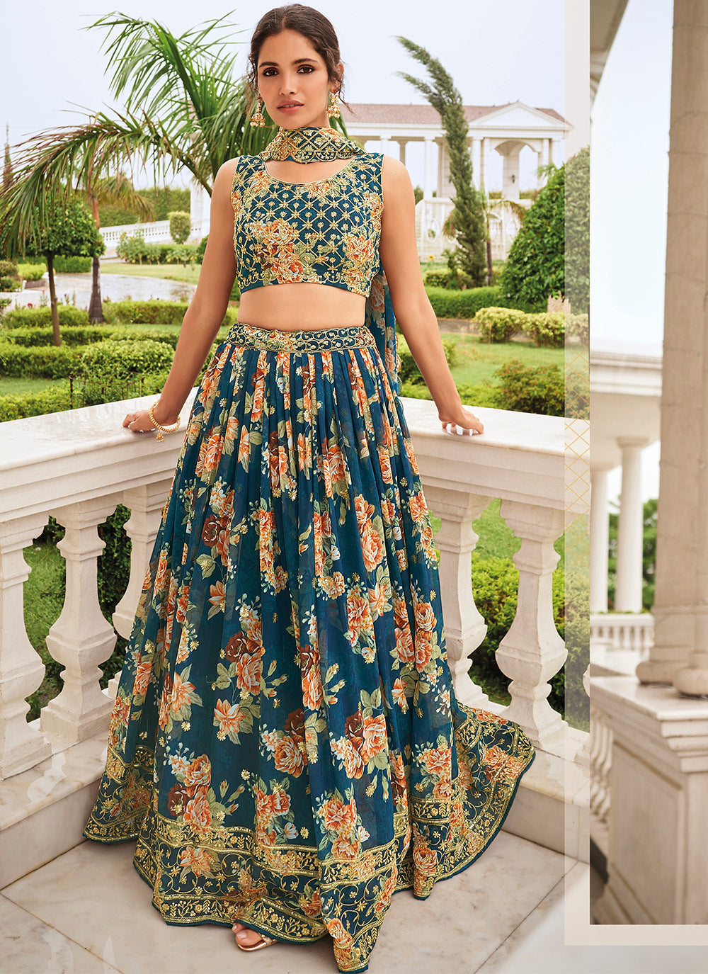 Digital Printed Faux-Georgette Lehenga | Resham & Sequins Embroidery Design