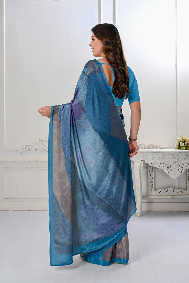 Dark Teal Blue Digital Printed Crepe Soft Silk Saree | Traditional Wedding Attire