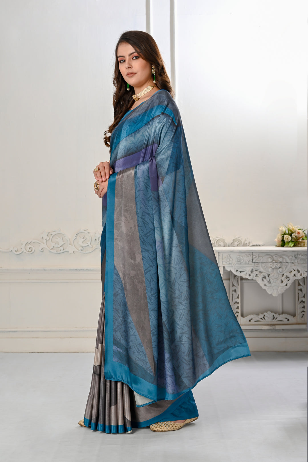 Dark Teal Blue Digital Printed Crepe Soft Silk Saree | Traditional Wedding Attire