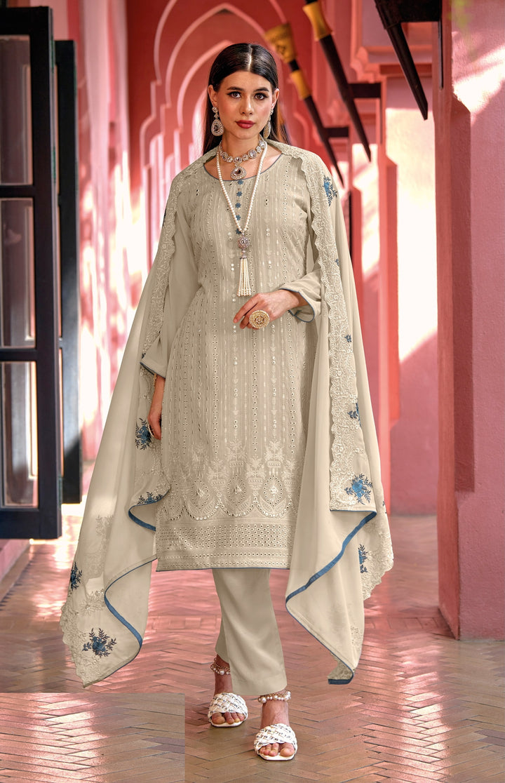 Floral-Printed Georgette Salwar Kameez | Three-Quarter Sleeve | Wedding Wear | Sequins Detail