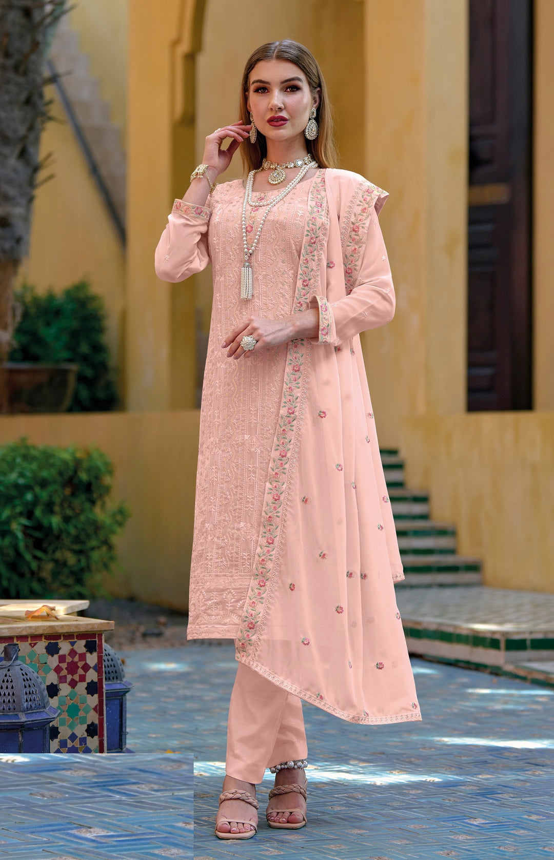 Floral-Printed Georgette Salwar Kameez | Three-Quarter Sleeve | Wedding Party