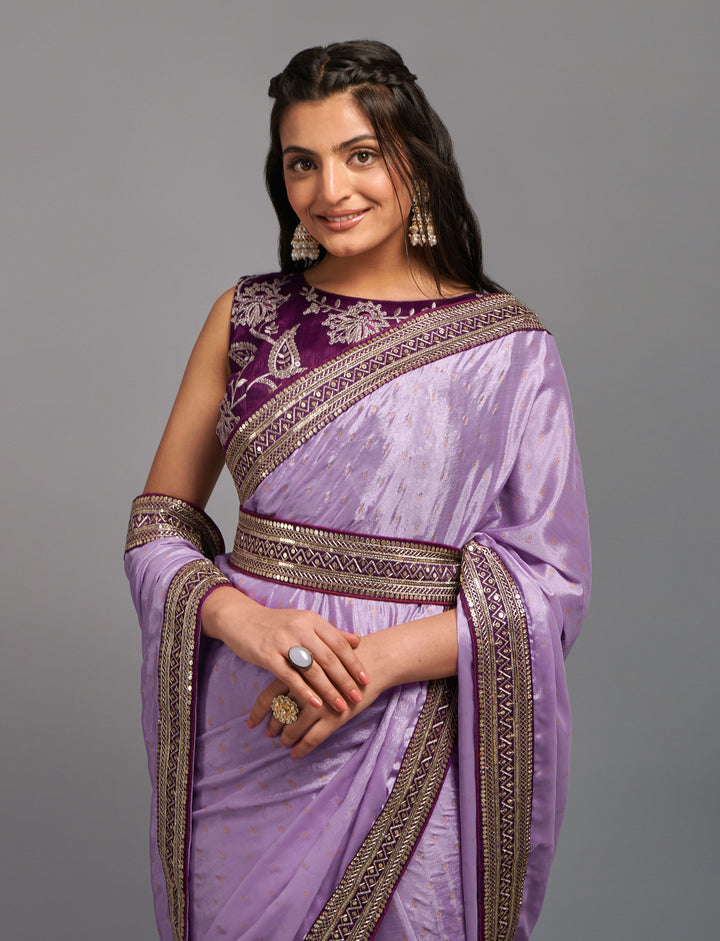 Embroidered Chinon Saree with Dupion Blouse | Traditional Wedding Attire