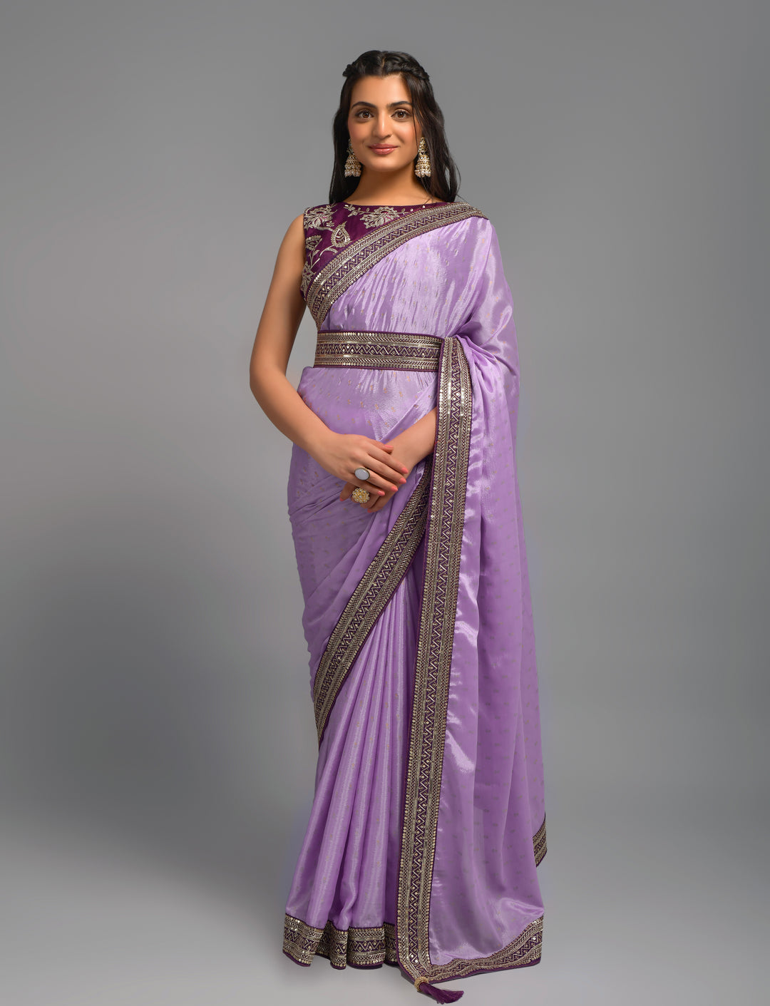 Embroidered Chinon Saree with Dupion Blouse | Traditional Wedding Attire