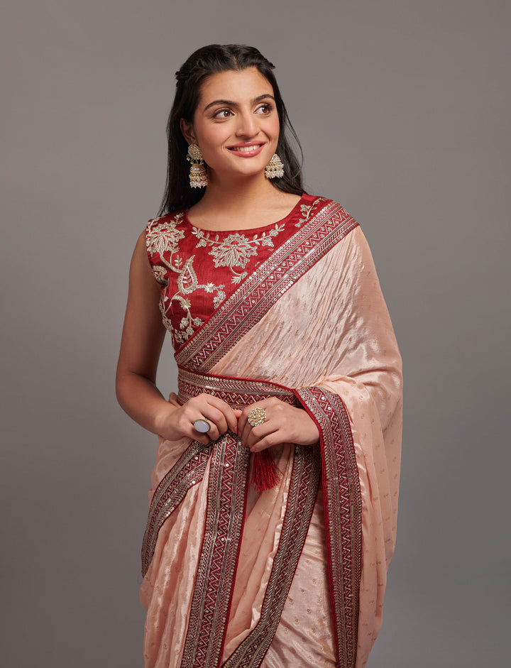 Embroidered Chinon Saree with Dupion Blouse | Traditional Wedding Attire