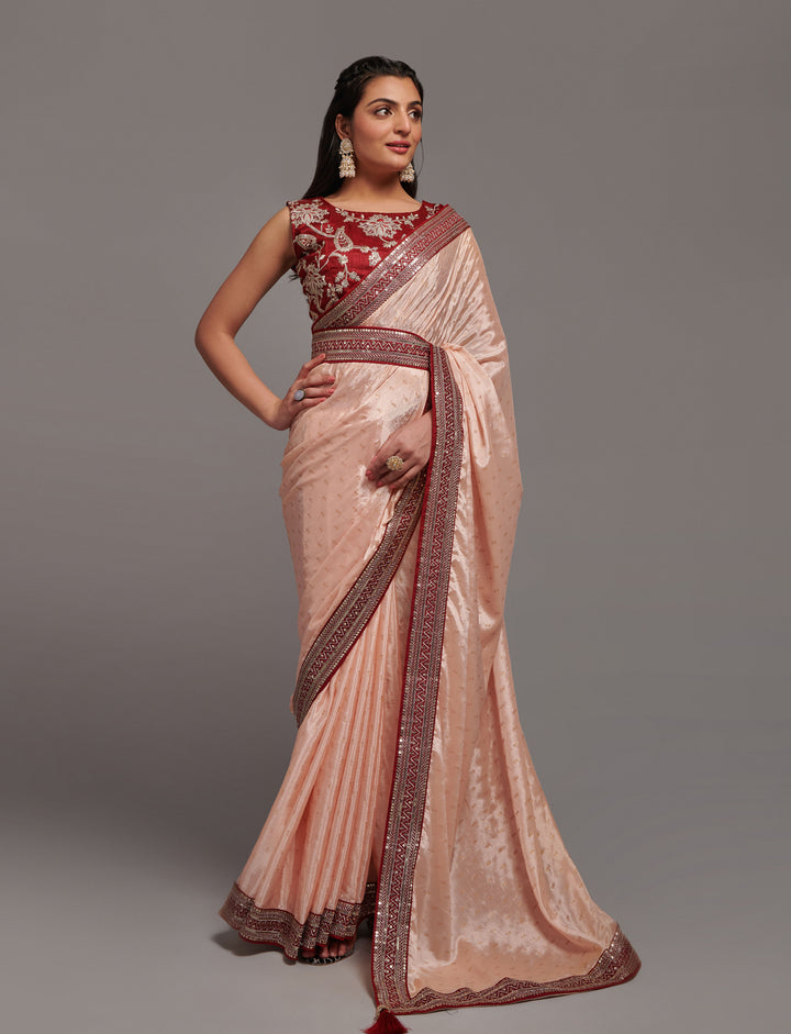 Embroidered Chinon Saree with Dupion Blouse | Traditional Wedding Attire