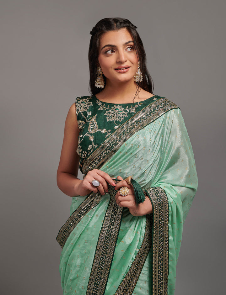 Embroidered Chinon Saree with Dupion Blouse | Traditional Wedding Attire