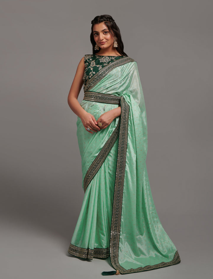 Embroidered Chinon Saree with Dupion Blouse | Traditional Wedding Attire