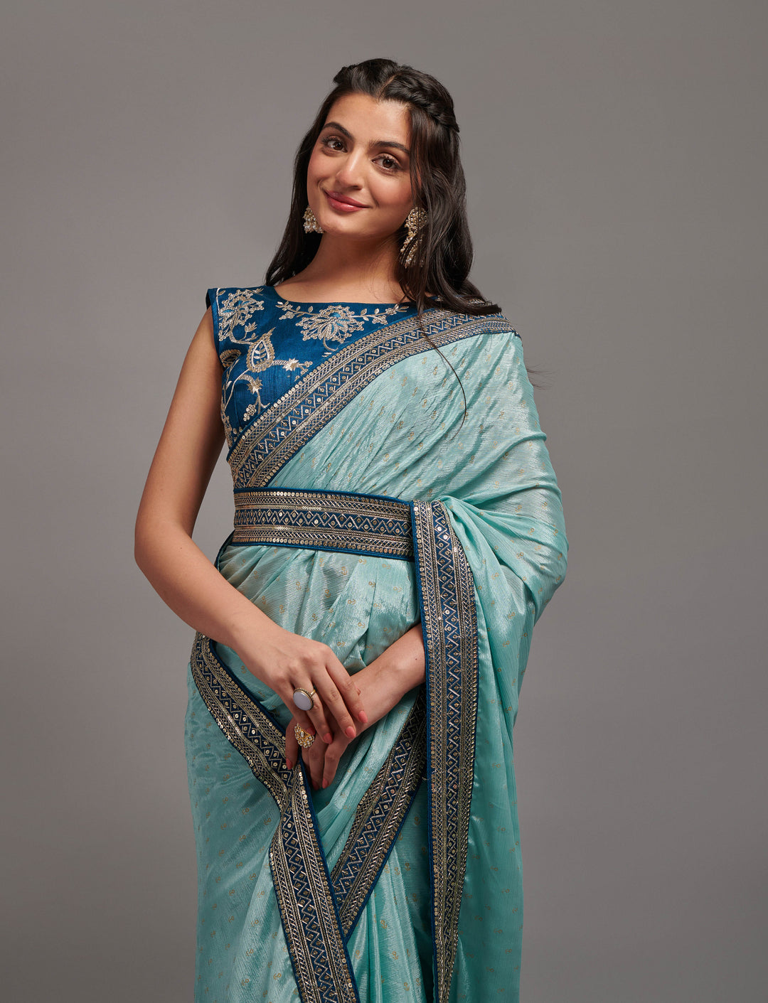 Embroidered Chinon Saree with Dupion Blouse | Traditional Wedding Attire